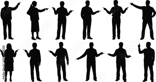 Silhouettes Of People Pointing In Different Directions On White Background woman