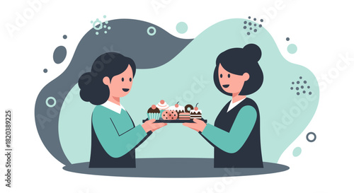 A cheerful illustration shows two women exchanging a tray of delicious pastries, representing friendship, sharing, and the joy of homemade treats in a modern style.