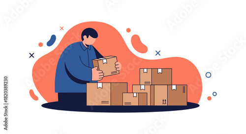 A man in a blue shirt carefully stacks cardboard boxes, possibly moving or organizing items in a warehouse, with a modern, flat design aesthetic.