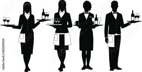 Silhouettes of Waitstaff Serving Drinks and Bottles on White Background Keywords: waiter, waitress, server, service, hospitality