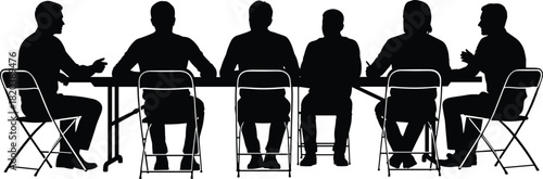 Business Meeting Conference Table Silhouettes Men Discussing Around Boardroom Gathering Collaboration Teamwork Strategic Planning Vector Illustration Icon Black White