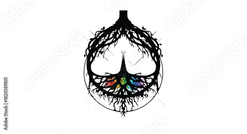 Abstract circular design with interwoven roots and vibrant colorful crystals symbolizing growth and connection.