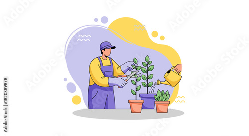 A gardener wearing a uniform is pruning a plant in a pot with pruning shears while watering another plant with a watering can in a cartoon style.