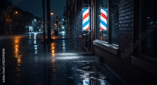 Barber Shop Pole Illuminated at Night on a Wet Street.