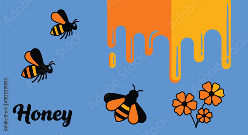 Honey bees and dripping honey vector illustration for designs art