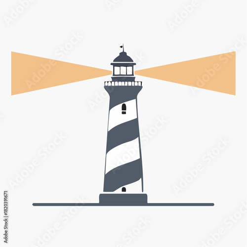 Classic striped lighthouse icon casting bright guiding beams of light, symbolizing safety, navigation, and a maritime journey along the coastline or at sea