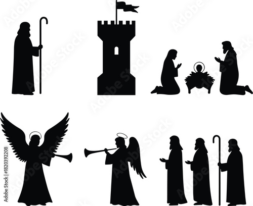 Nativity silhouettes with Mary Joseph baby Jesus angels shepherds wise men Bethlehem tower, Christmas religious illustration, cad drawing flat vector illustration