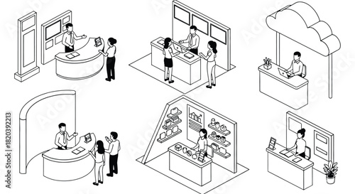 Isometric trade show booths exhibition stands vector illustration