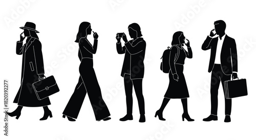 Diverse professionals walking and working in silhouette vector style