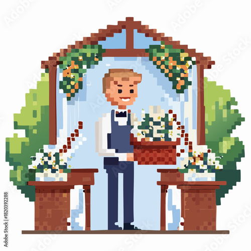 Pixel art illustration of a man arranging flowers for a wedding or event under a decorated archway.