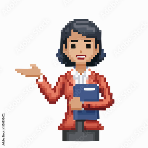 A pixel art illustration of a professional woman in a red jacket holding a folder and gesturing.