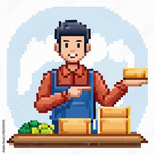 A pixel art illustration of a smiling male vendor in an apron, pointing and holding a package, with other products on a table.