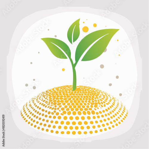 Illustration of a small plant growing on a dotted circular mound, symbolizing growth, nature, and new beginnings