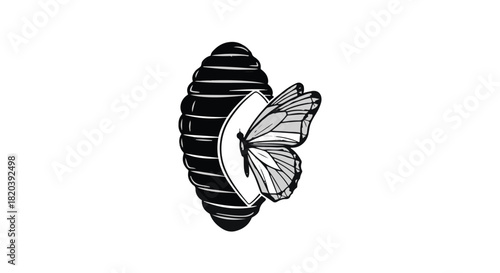 Emerging butterfly from a dark cocoon, symbolizing transformation and new beginnings.
