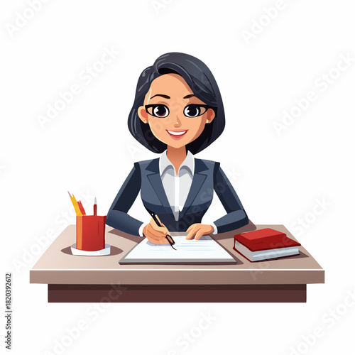 Cartoon illustration of a professional businesswoman working at her desk, writing on a document with a pen, with a pen holder and a book.