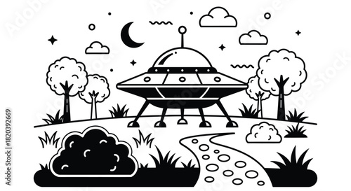 Stunning UFO landing scene in black and white with moon and pathway