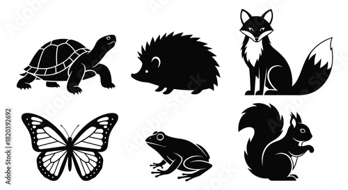 Wildlife icons featuring a fox, turtle, hedgehog, butterfly and frog