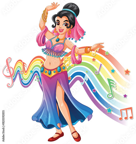 Colorful Belly Dancer Performing with Musical Notes and Rainbow