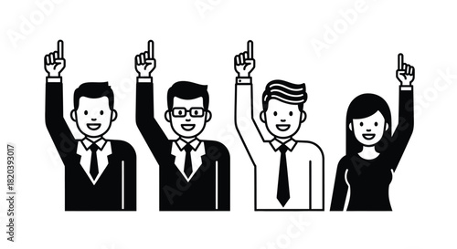 Enthusiastic team raising hands together in agreement and support