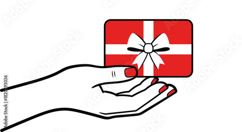 Elegant hand offering a festive red and white gift box with ribbon