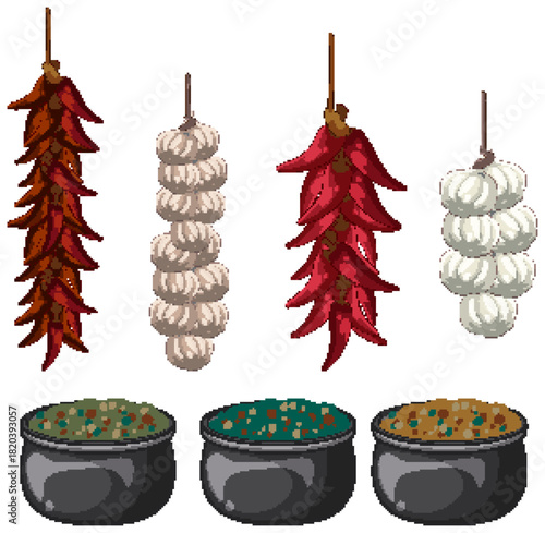 Hanging Chili Peppers and Garlic with Spice Bowls Illustration