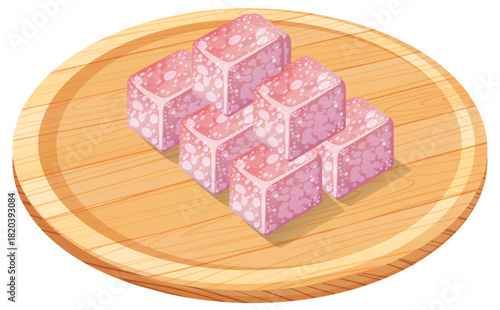 Pink Jelly Candy Cubes on Wooden Plate