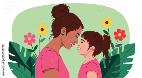 Loving mother and daughter sharing a tender moment in floral garden