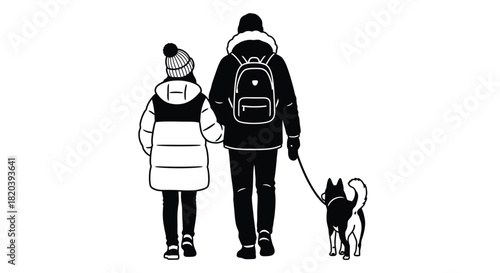 Family walking husky dog in winter coats together outside vector art