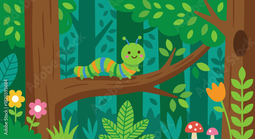 Caterpillar Crawling on a Forest Branch
Flat vector caterpillar smiling while crawling on a tree branch, leafy forest background
