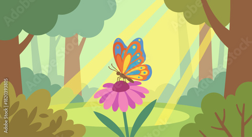Butterfly Resting on a Forest Flower
Flat vector butterfly perched on a wildflower in a forest clearing,
