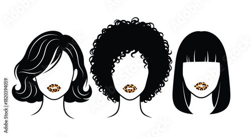 Diverse stylish women with bold leopard print lips for beauty brand