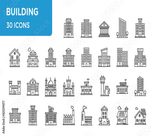 Illustration of thirty line art building icons, showcasing diverse architectural styles for residential, commercial, and public structures, isolated on white background
