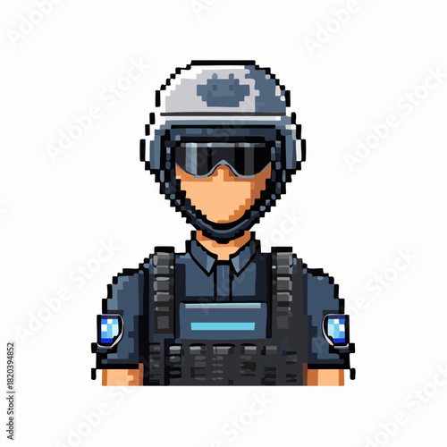 A pixel art illustration of a SWAT officer wearing a tactical helmet, dark sunglasses, and a bulletproof vest, depicted from the chest up.