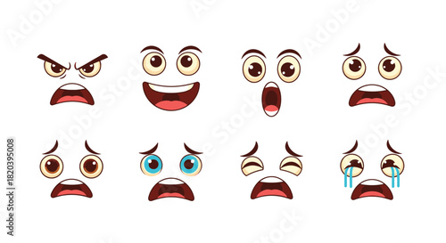 A vibrant set of eight cartoon facial expressions, illustrating a spectrum of human emotions from happiness to anger and sadness.