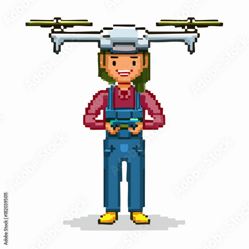 Pixel art illustration of a smiling woman wearing a drone on her head and holding a remote controller.