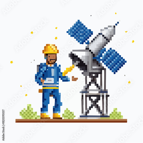 A pixel art illustration of an engineer in a hard hat working on a satellite dish with solar panels, depicting technology and communication.