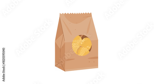 An illustration of a brown paper bag containing crispy ripple-cut potato chips visible through a circular window, set against a white background.