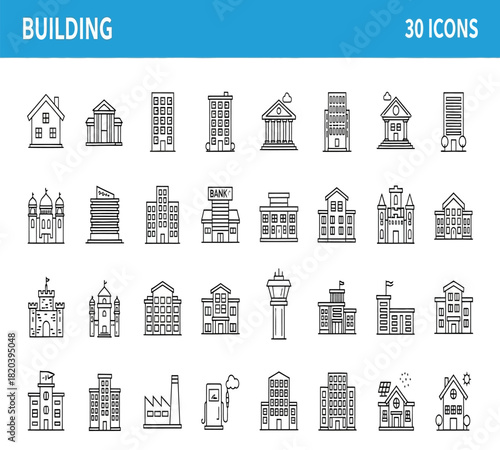 Illustration of thirty line art building icons, showcasing diverse architectural styles for residential, commercial, and public structures, isolated on white background