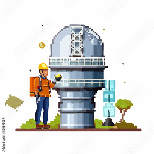 A pixel art illustration of an engineer working near a large astronomical observatory building with a dome.