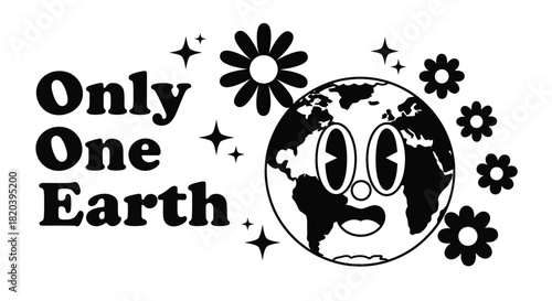Retro earth day design with happy globe and flowers for sustainability