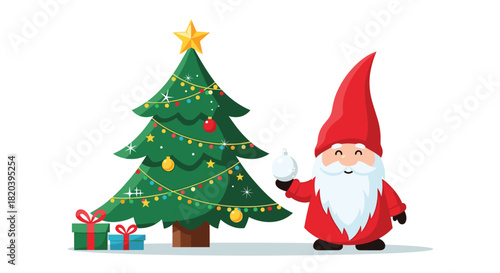 A cheerful gnome holds a white ornament, ready to decorate a festive Christmas tree adorned with lights and gifts.