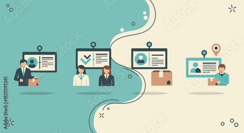 An illustrative depiction of business professionals, showcasing identity verification, delivery processes, and teamwork in a modern, flat-design style.