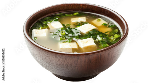 Traditional miso soup with warm broth, soft tofu cubes, fresh seaweed and aromatic ingredients presented clearly isolated on white background