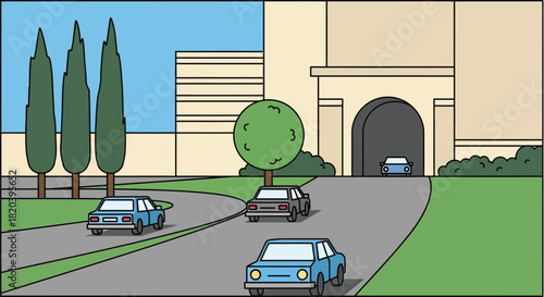 Cars drive to grand building with archway on a bright sunny day