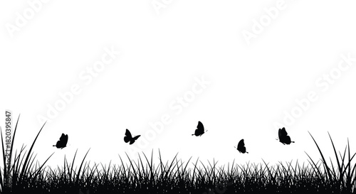 Black silhouettes of butterflies flying above a field of grass, creating a minimalist and serene nature scene against a white background.