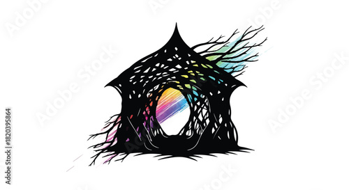 Whimsical fantasy dwelling with vibrant rainbow light peeking through dark, organic structure