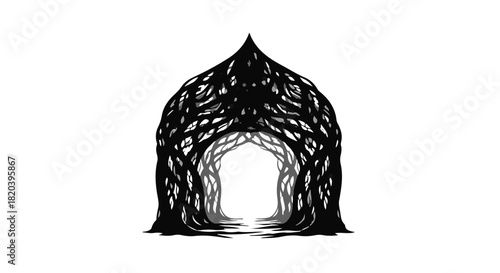 Mysterious dark forest archway leading to bright light, symbolizing hope and new beginnings.