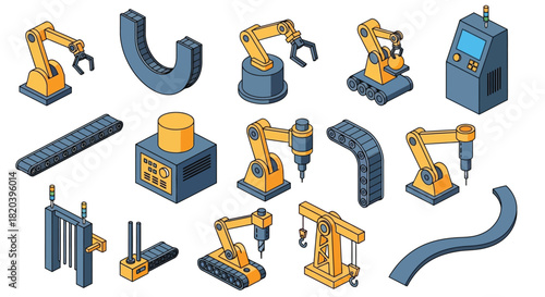 Isometric industrial automation robots and conveyor belt elements