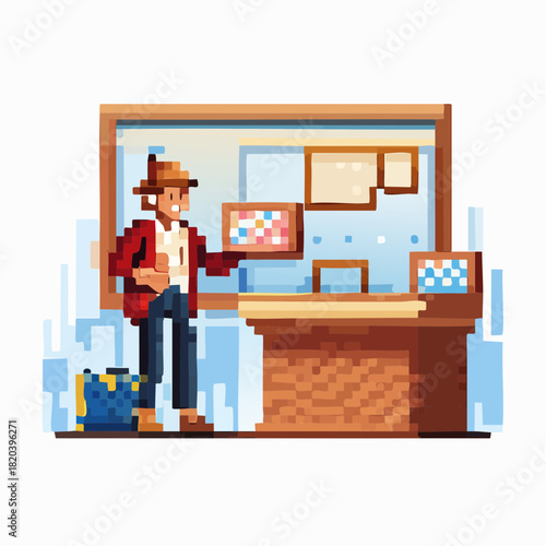 Pixel art illustration of a man presenting information with a tablet in a modern office setting, featuring a desk and a bulletin board.