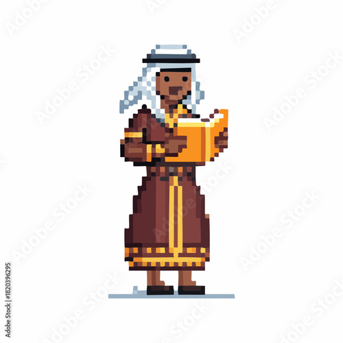 Pixel art illustration of a person in traditional Middle Eastern attire reading a book.
